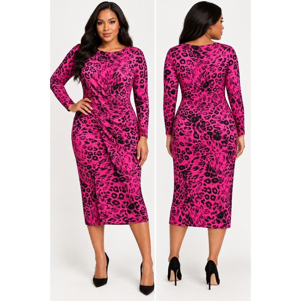 Rachel Rachel Roy 1X Pink Leopard Animal Print Ruched Midi Dress Long Sleeve